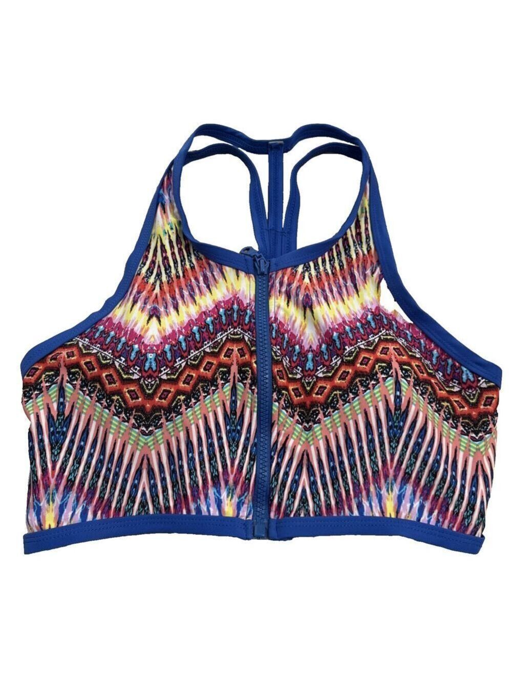 TiniBikini Size M Zip Front Swim Top Removable Pads Royal Blue Geometric